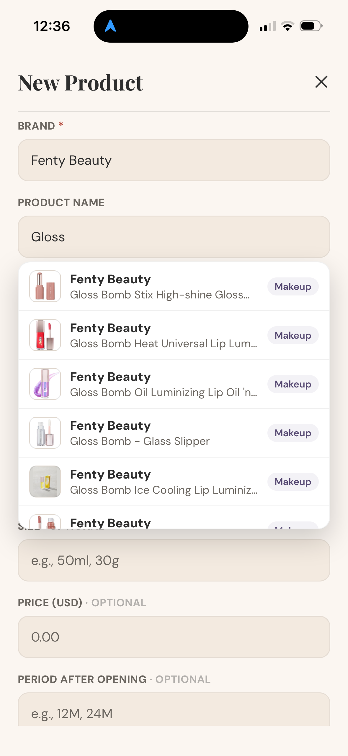 Add product screen